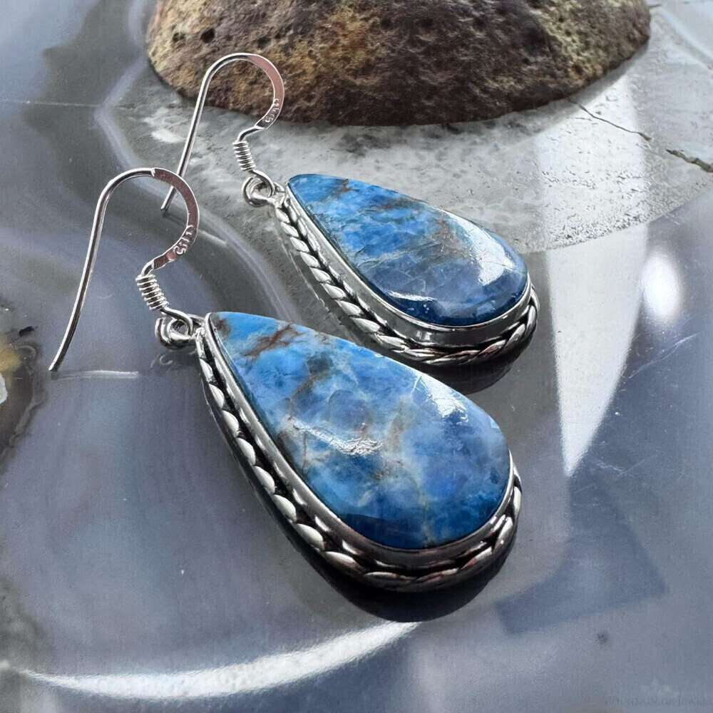 Sterling Silver Southwestern Style Apatite Teardrop Dangle Earrings For Women - Picture 3 of 10